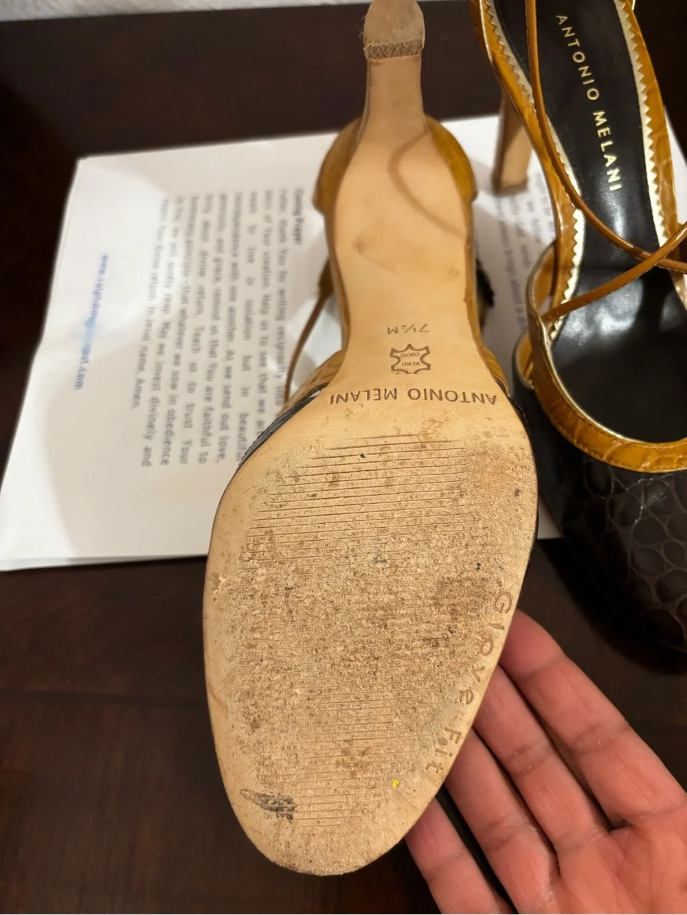 ANTONIO MELANI Brown & Mustard Croc-Embossed Strappy Heels - Picture 6 of 6